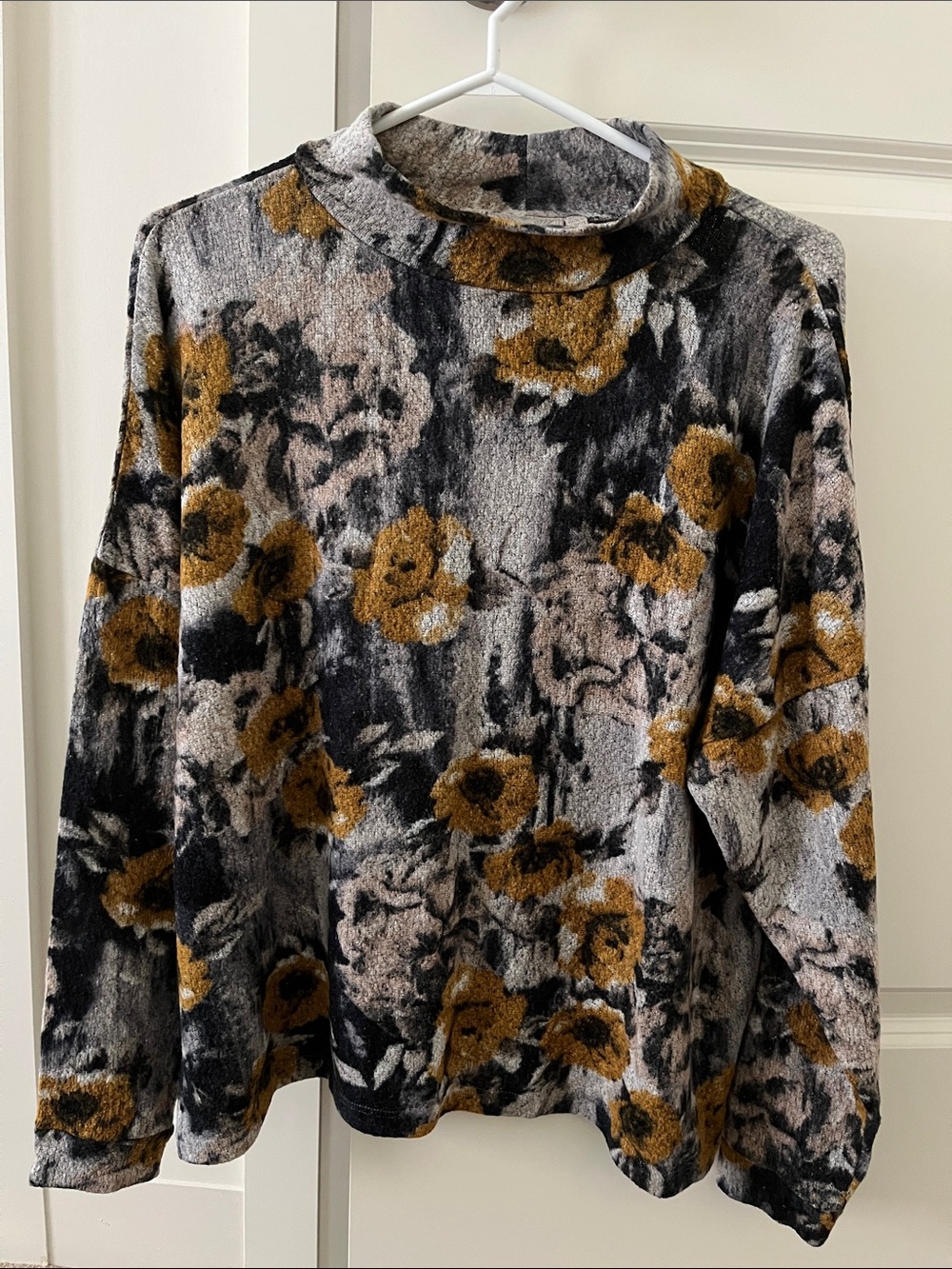 Textured Floral Mock Neck Top in Mustard, Black & Gray by Danelle